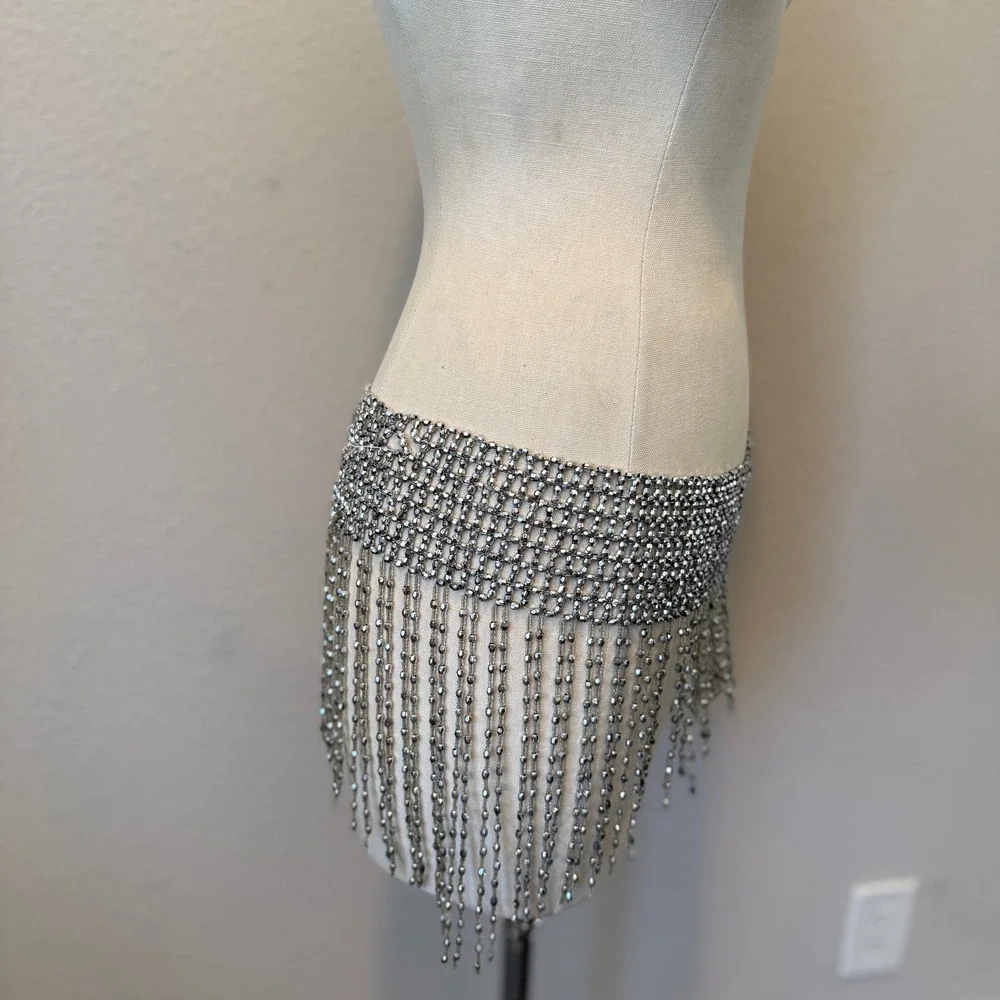 Silver Beaded Fringe Hip Belt Festival Rave Skirt Overlay Statement Accessory